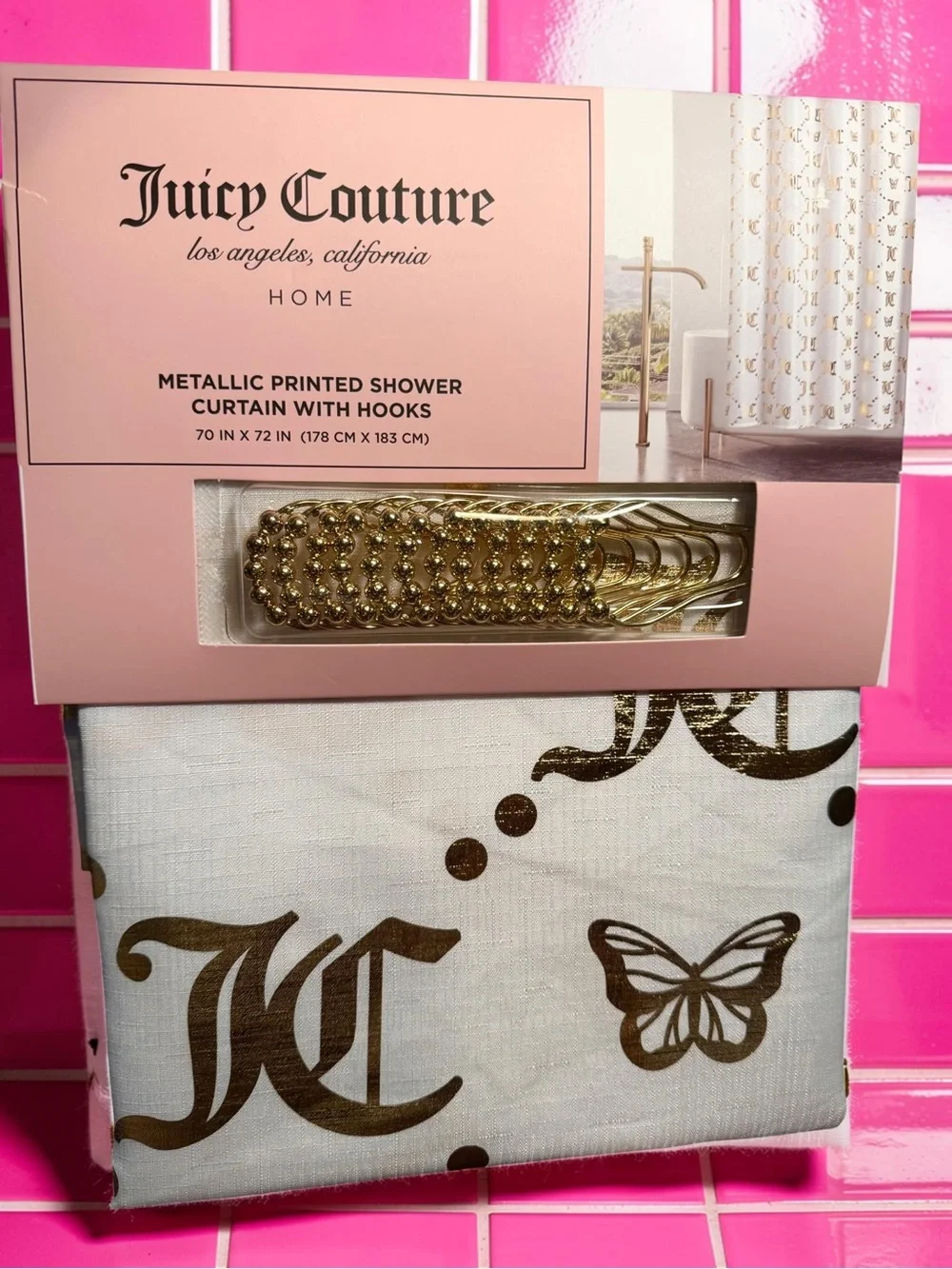 Juicy Couture LA NWT White Cloth Shower Curtain with Gold JC Logo & 12 Hooks
